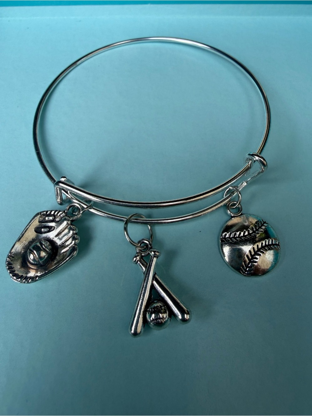 Handcrafted Softball Charm Bangle Bracelet Girls Silver Tone - Sports Jewelry - Picture 2 of 6